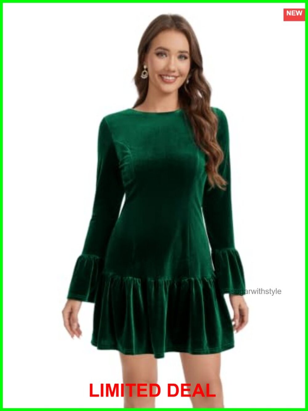Velvet Mini Dress Long Sleeve Round Neck Ruffled Hem A-Line Cocktail Party